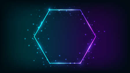 Neon hexagon frame with shining effects and sparkles on dark background. Empty glowing techno backdrop. vector illustrationのイラスト素材