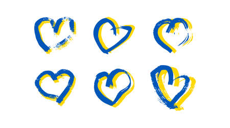 Hand drawn hearts in Ukrainian colors. Set of six grunge yellow and blue doodle hearts on white background. vector illustrationのイラスト素材