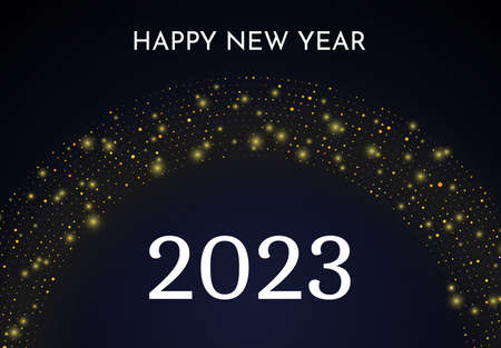 2023 Happy New Year of gold glitter pattern in circle shape. Abstract gold glowing halftone dotted...