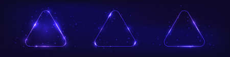 Set of three neon rounded triangle frames with shining effects on dark background. Empty glowing techno backdrop. vector illustrationのイラスト素材