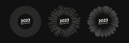 Set of three fireworks with inscription 2023 and Happy New Year. Explosion with line rays Christmas...