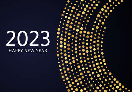 2023 Happy New Year of gold glitter pattern in circle shape. Abstract gold glowing halftone dotted background for Christmas holiday greeting card on dark background. vector illustrationのイラスト素材