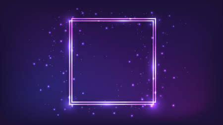 Neon double square frame with shining effects and sparkles on dark background. Empty glowing techno backdrop. vector illustrationのイラスト素材