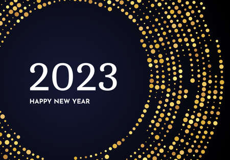 2023 Happy New Year of gold glitter pattern in circle shape. Abstract gold glowing halftone dotted...