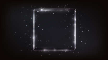 Neon double square frame with shining effects and sparkles on dark background. Empty glowing techno backdrop. vector illustrationのイラスト素材
