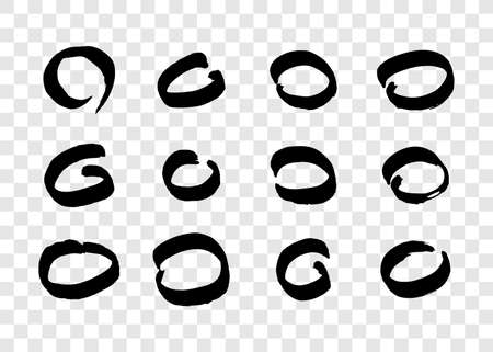 Black grunge brush strokes in circle shape. Set of painted ink circles. Ink spot isolated on transparent background. vector illustrationのイラスト素材