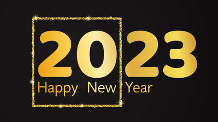 2023 Happy New Year background. Gold inscription in a gold glitter square for Christmas holiday...