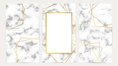 Set of golden frames on marble texture. Luxury templates for wedding card, banner, flyer, poster, greeting. vector illustrationのイラスト素材