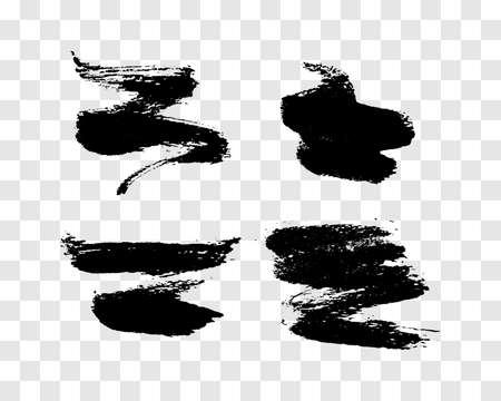 Set of four black brush strokes. Hand drawn ink spots isolated on transparent background. vector illustrationのイラスト素材