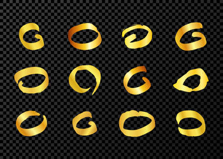 Gold grunge brush strokes in circle shape. Set of painted ink circles. Ink spot isolated on dark transparent background. vector illustrationのイラスト素材