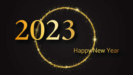 2023 Happy New Year background. Gold inscription in a gold glitter circle for Christmas holiday greeting card, flyers or posters. vector illustrationのイラスト素材