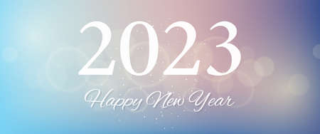 Happy new year 2023 inscription on blurred background. White numbers on backdrop with confetti,...