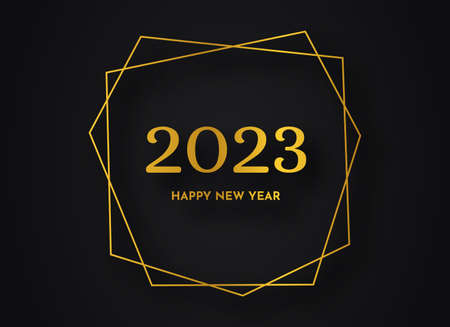 2023 Happy New Year gold geometric polygonal background. Gold geometric polygonal frame with shining...