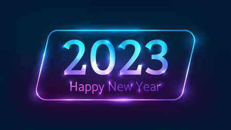 2023 Happy New Year neon background. Neon rounded parallelogram frame with shining effects for Christmas holiday greeting card, flyers or posters. vector illustrationのイラスト素材
