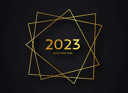 2023 Happy New Year gold geometric polygonal background. Gold geometric polygonal frame with shining...