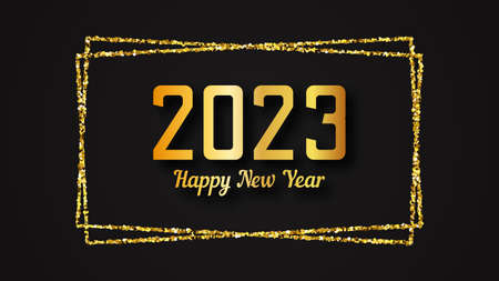 2023 Happy New Year background. Gold inscription in a gold glitter rectangle for Christmas holiday greeting card, flyers or posters. vector illustrationのイラスト素材