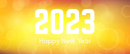 Happy new year 2023 inscription on blurred background. White numbers on backdrop with confetti,...