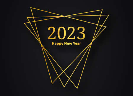 2023 Happy New Year gold geometric polygonal background. Gold geometric polygonal frame with shining...