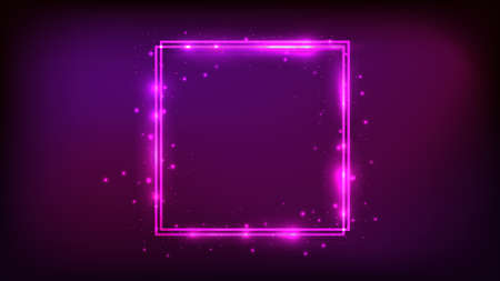 Neon double square frame with shining effects and sparkles on dark background. Empty glowing techno backdrop. vector illustrationのイラスト素材