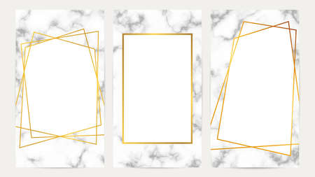 Set of golden frames on marble texture. Luxury templates for wedding card, banner, flyer, poster, greeting. vector illustrationのイラスト素材