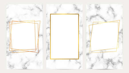 Set of golden frames on marble texture. Luxury templates for wedding card, banner, flyer, poster, greeting. vector illustrationのイラスト素材