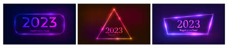 2023 Happy New Year neon background. Set of three neon backdrops with different geometric frames...