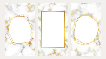 Set of golden frames on marble texture. Luxury templates for wedding card, banner, flyer, poster, greeting. vector illustrationのイラスト素材