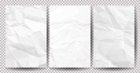 Set of white clean crumpled papers on transparent background. Crumpled empty sheets of paper with shadow for posters and banners. vector illustrationのイラスト素材