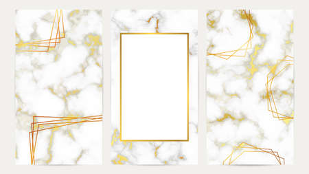 Set of golden frames on marble texture. Luxury templates for wedding card, banner, flyer, poster, greeting. vector illustrationのイラスト素材