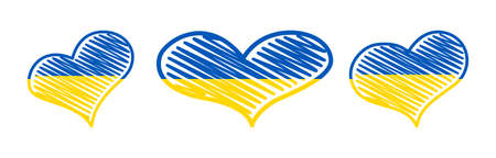 Set of hearts in Ukrainian colors. Yellow and blue scribble heart on white background. vector illustrationのイラスト素材