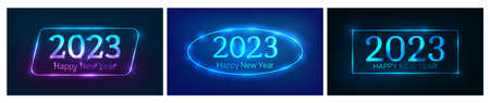 2023 Happy New Year neon background. Set of three neon backdrops with different geometric frames...