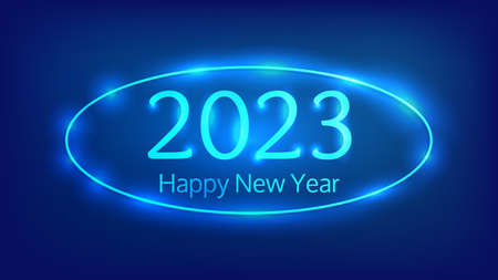 2023 Happy New Year neon background. Neon oval frame with shining effects for Christmas holiday...