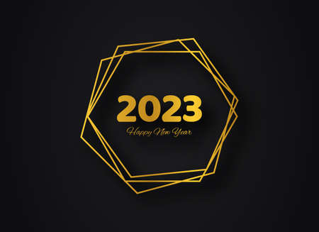 2023 Happy New Year gold geometric polygonal background. Gold geometric polygonal frame with shining effects for Christmas holiday greeting card, flyers or posters. vector illustrationのイラスト素材