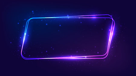 Neon rounded parallelogram frame with shining effects and sparkles on dark background. Empty glowing techno backdrop. vector illustrationのイラスト素材