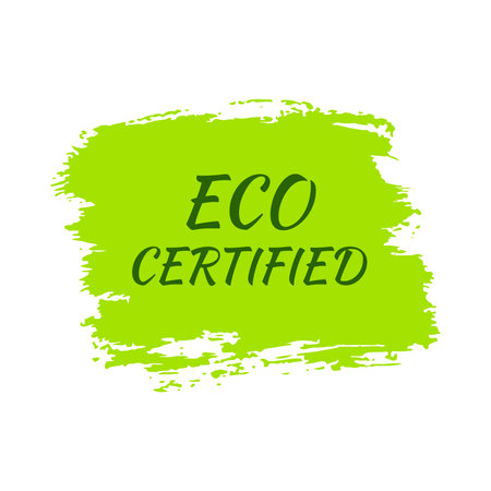 Green natural bio label. The inscription Eco Certified on green label on hand drawn stains. vector illustrationのイラスト素材