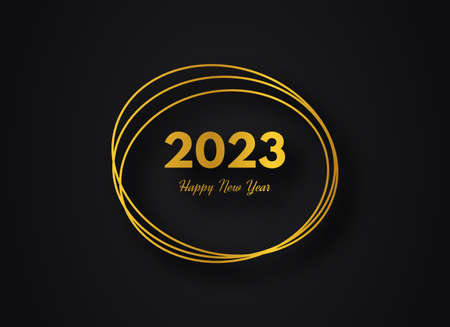 2023 Happy New Year gold geometric polygonal background. Gold geometric polygonal frame with shining...