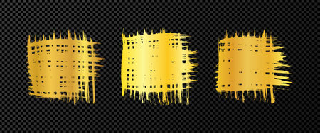 Set of gold brush strokes in square shape. Hand drawn ink spot isolated on dark transparent background. vector illustrationのイラスト素材