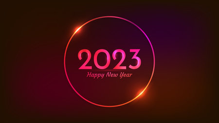 2023 Happy New Year neon background. Neon round frame with shining effects for Christmas holiday greeting card, flyers or posters. vector illustrationのイラスト素材
