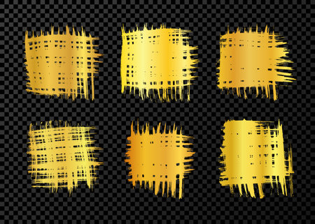 Set of gold brush strokes in square shape. Hand drawn ink spot isolated on dark transparent background. vector illustrationのイラスト素材