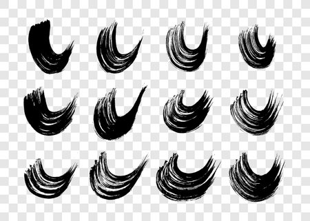 Black grunge semicircular brush strokes. Big set of painted wavy ink stripes. Ink spot isolated on transparent background. vector illustrationのイラスト素材