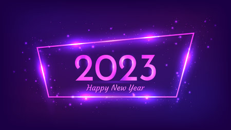 2023 Happy New Year neon background. Neon frame with shining effects and sparkles for Christmas holiday greeting card, flyers or posters. vector illustrationのイラスト素材
