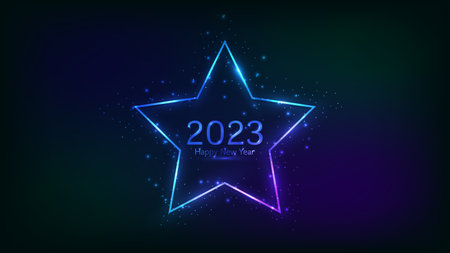2023 Happy New Year neon background. Neon frame in star form with shining effects and sparkles for Christmas holiday greeting card, flyers or posters. vector illustrationのイラスト素材