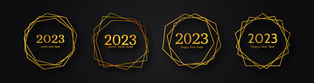 Set of 2023 Happy New Year gold geometric polygonal backgrounds. Gold geometric polygonal frame with...