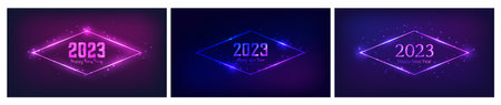 2023 Happy New Year neon background. Set of three neon backdrops with rhombus frames with shining effects and sparkles and inscription Happy New Year. Dark background for Christmas holiday greeting card, flyers or postersのイラスト素材