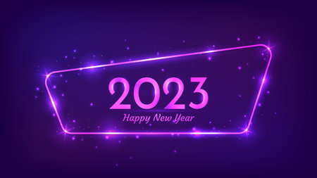 2023 Happy New Year neon background. Neon rounded frame with effects shining and sparkles for Christmas holiday greeting card, flyers or posters. vector illustrationのイラスト素材