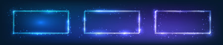 Set of three neon double rectangular frames with shining effects and sparkles on dark background. Empty glowing techno backdrop. vector illustrationのイラスト素材