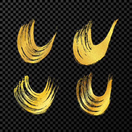 Gold grunge semicircular brush strokes. Set of painted wavy ink stripes. Ink spot isolated on dark transparent background. vector illustrationのイラスト素材