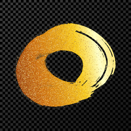 Gold grunge brush strokes in circle shape. Painted ink circle. Ink spot isolated on dark transparent background. vector illustrationのイラスト素材