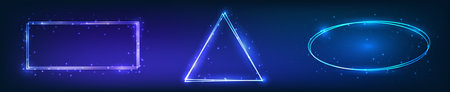 Set of three neon double frames with shining effects and sparkles on dark background. Empty glowing techno backdrop. vector illustrationのイラスト素材