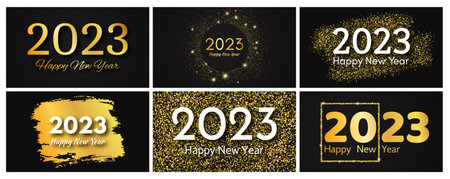 2023 Happy New Year golden background. Set of abstract gold backdrops with a inscription Happy New Year on dark for Christmas holiday greeting card, flyers or posters. vector illustrationのイラスト素材